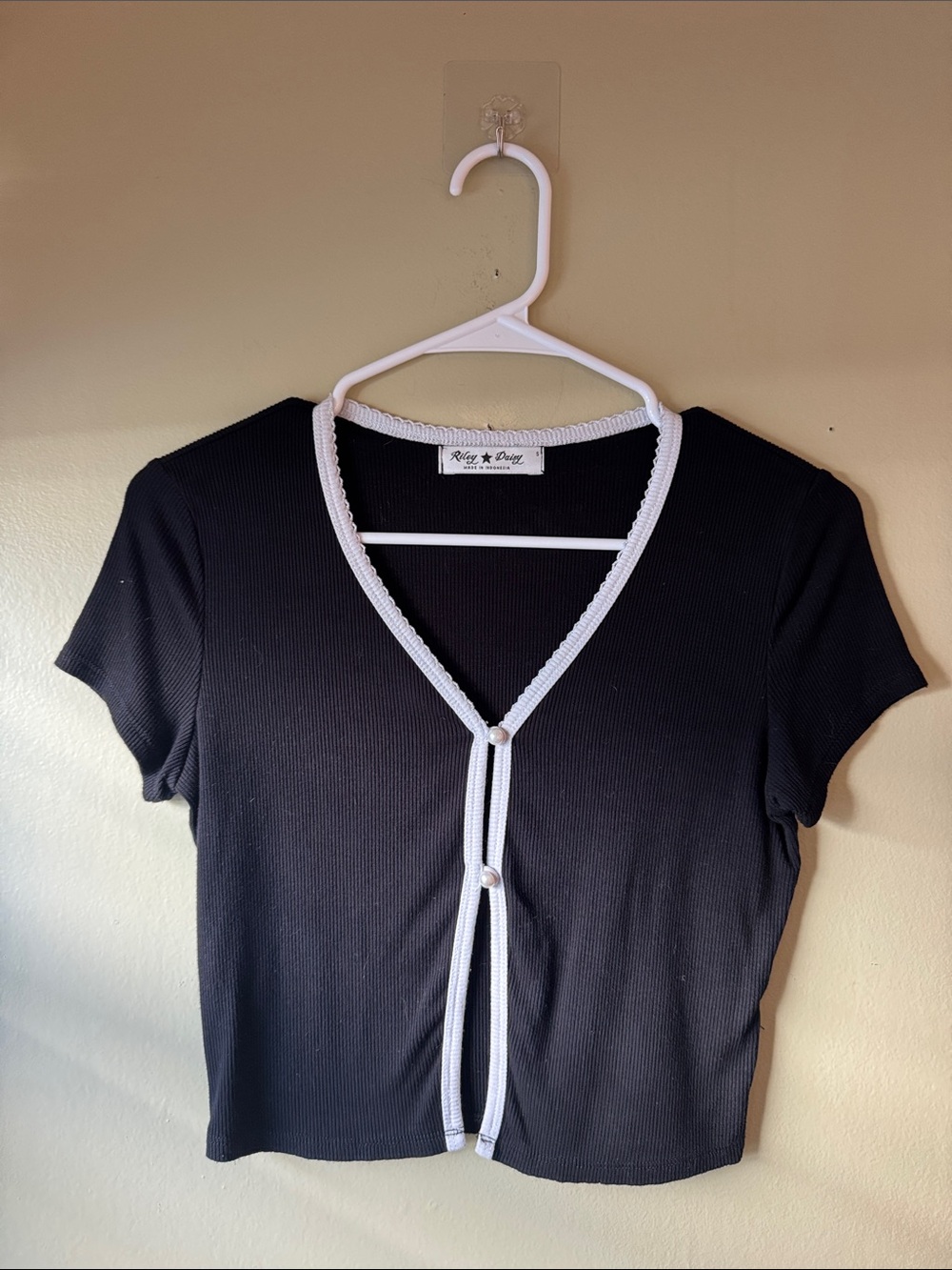 Black Short Sleeve Button-Front Crop Top with White Trim